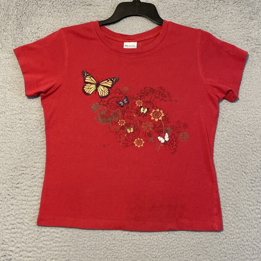 Columbia Sportswear Company Butterfly Floral Red T Shirt Women's Size Medium